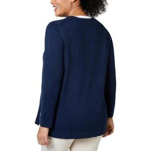 Charter Club Women 0X Plus Navy Scoop Neck White Contrast Hem Pullover Sweater